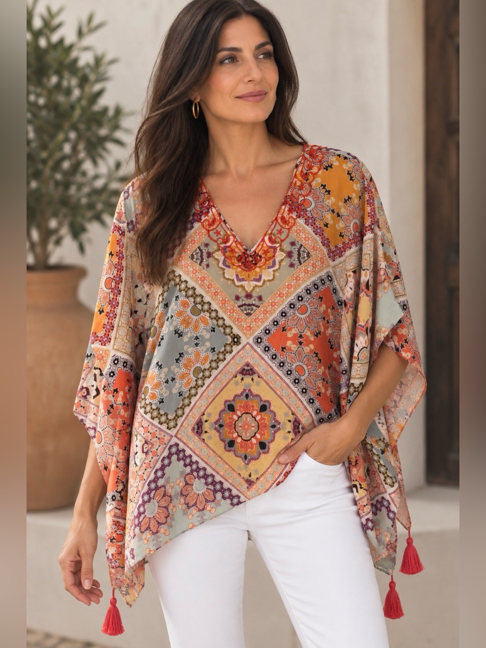 Johnny Was Jade Silk Patchwork Poncho Top Boho V-Neck Tassels, XS